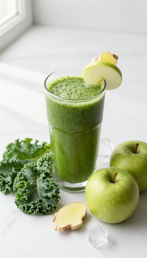 Green apple ginger kale smoothie in a glass with fresh ingredients on marble countertop