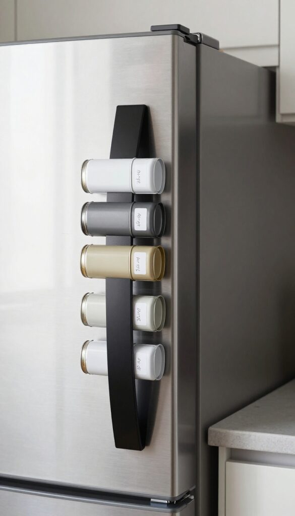 Magnetic strip on fridge holding metal spice tins in a neat row