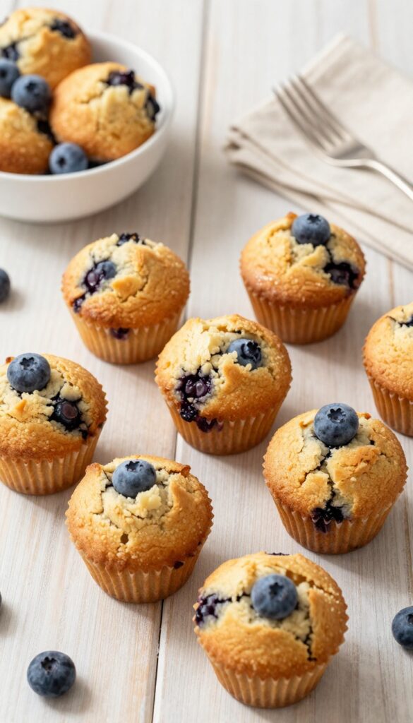 Mini keto blueberry muffin bites on a wooden table with a bowl of frozen blueberries, natural light, photorealistic.