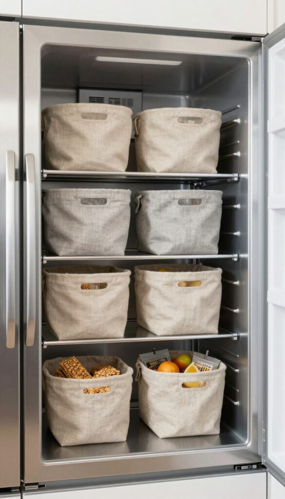 Soft fabric baskets in neutral weaves inside a refrigerator drawer or shelf, holding snacks, with warm texture contrasting against stainless steel.
