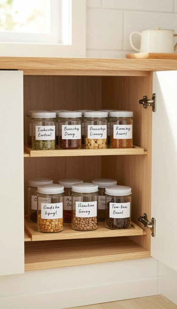 Tiered spice rack mounted inside a kitchen cabinet door with labeled glass jars