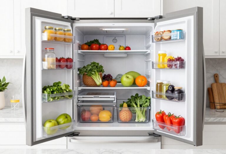 Open French door fridge with organized food storage zones using clear bins and labels in a bright modern kitchen.
