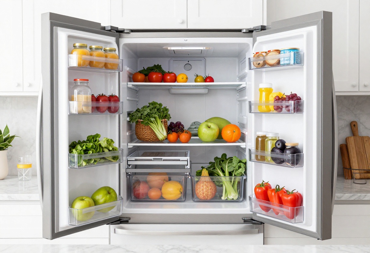 Open French door fridge with organized food storage zones using clear bins and labels in a bright modern kitchen.