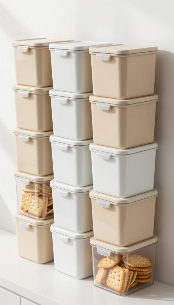 Stackable canisters for snacks in a pantry, neatly organized in towers, with natural light and a clean, serene look.