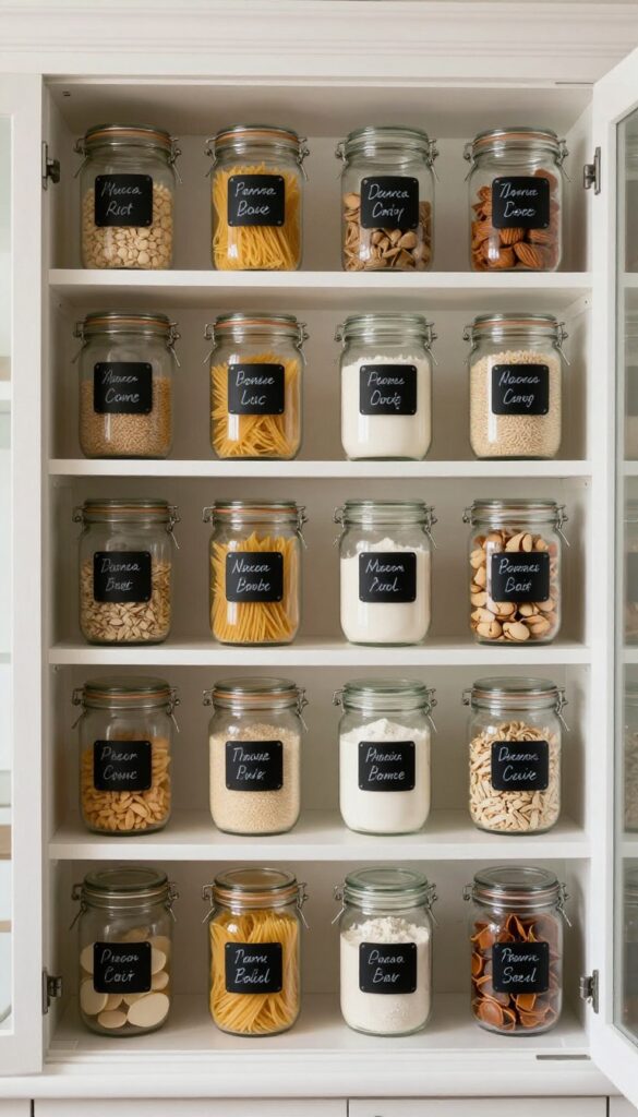 Organized kitchen cabinet with labeled clear jars and bins, tidy pantry storage.