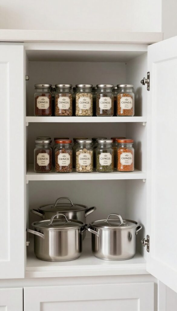Organized corner cabinet with two-tier lazy Susan holding spices and cookware