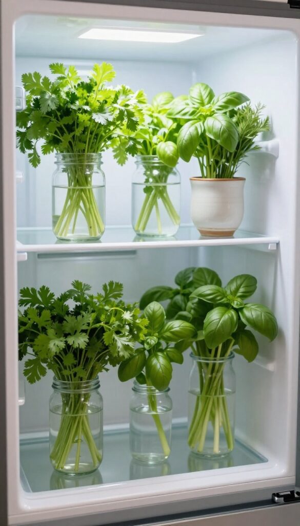 Fresh herbs stored in water in a jar and a ceramic cup on a refrigerator shelf, like a bouquet.