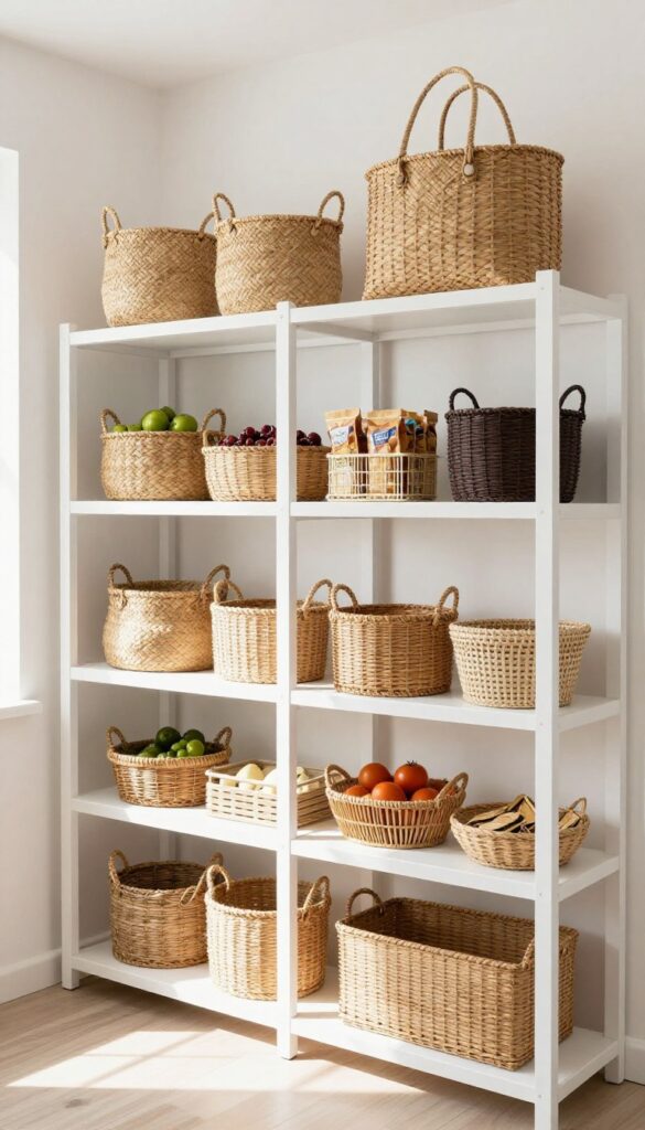 Pantry with woven baskets on wire shelving, adding texture and warmth.