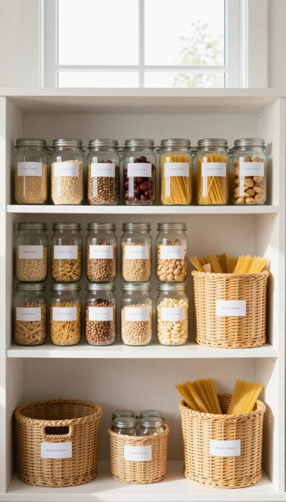 A neatly organized pantry with labeled glass jars and baskets on open shelves, bathed in natural light.