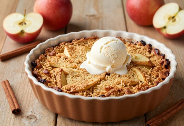 Gluten free apple crisp in a baking dish with melting vanilla ice cream, cinnamon sticks, and fresh apples on a wooden table.