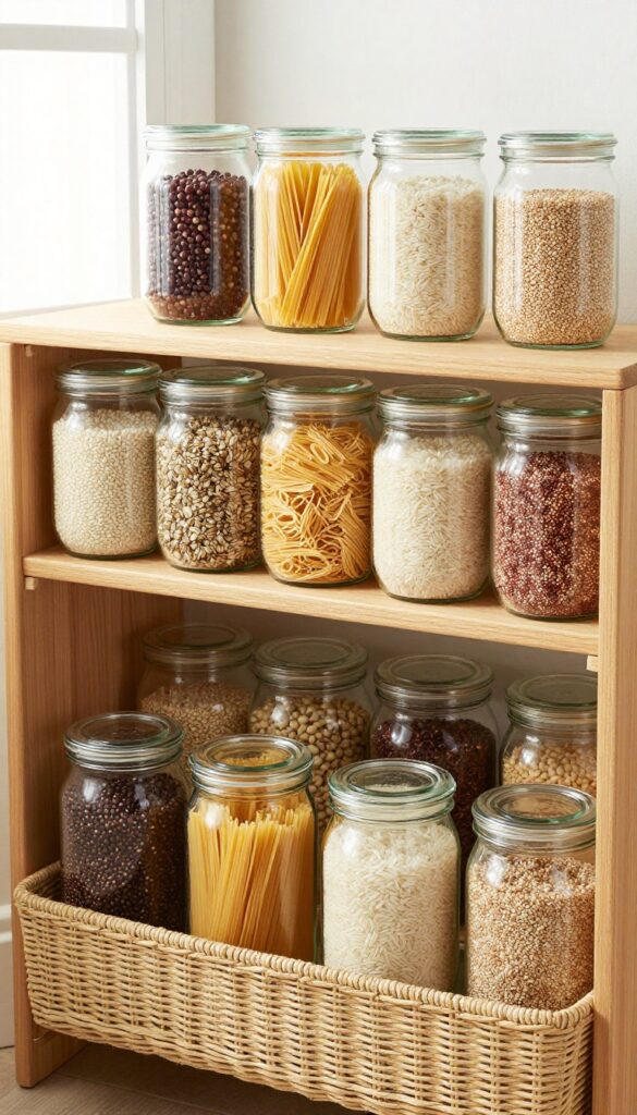 Seagrass caddy basket with glass jars of pasta, rice, and quinoa on a pantry shelf in natural light.