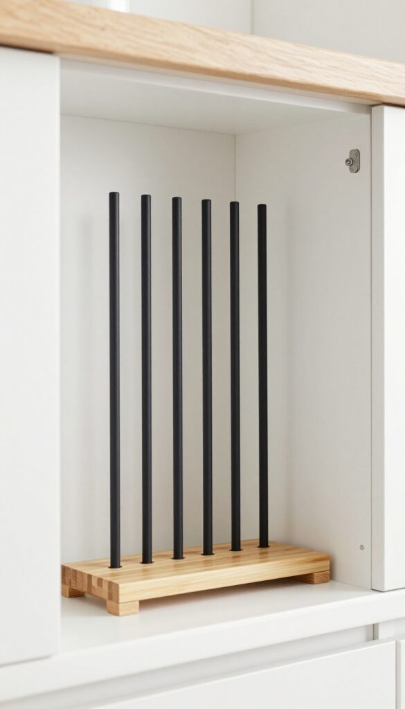 Kitchen cabinet with tension rod holding pot lids vertically, pots on bamboo rack below