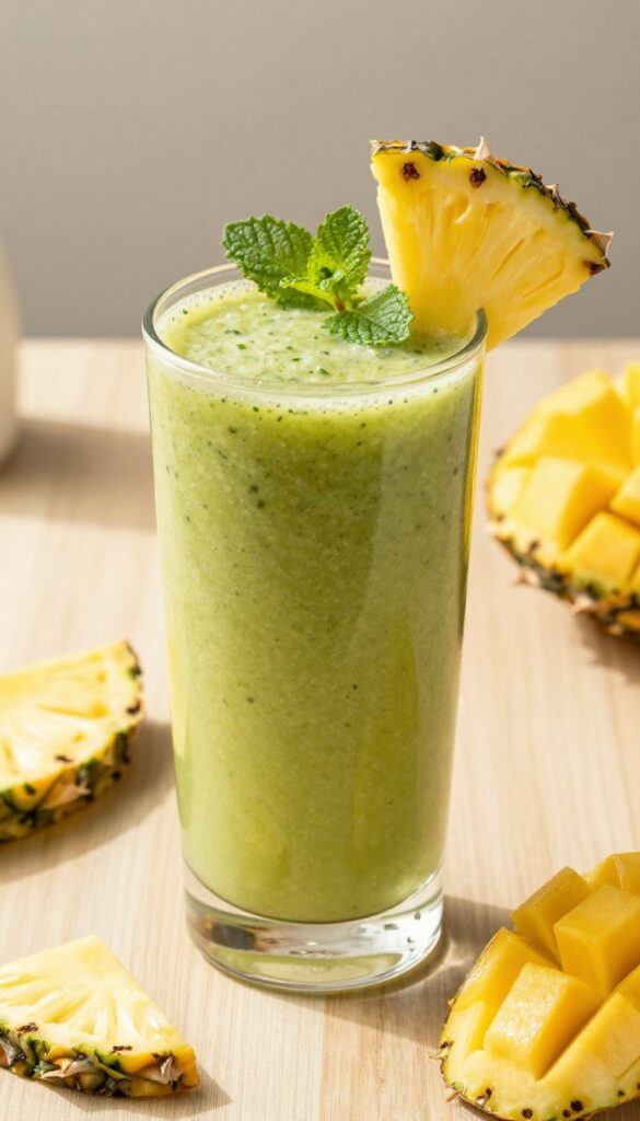 A glass of tropical pineapple mango kale smoothie with pineapple and mint garnish, surrounded by fresh fruit on a wooden table.