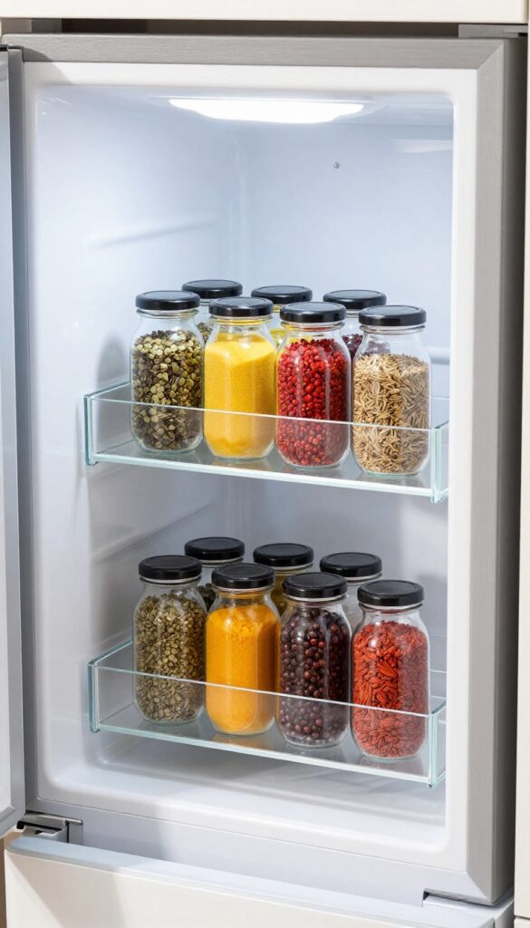 Tiered spice rack in fridge with colorful jars, vertical storage, organized display