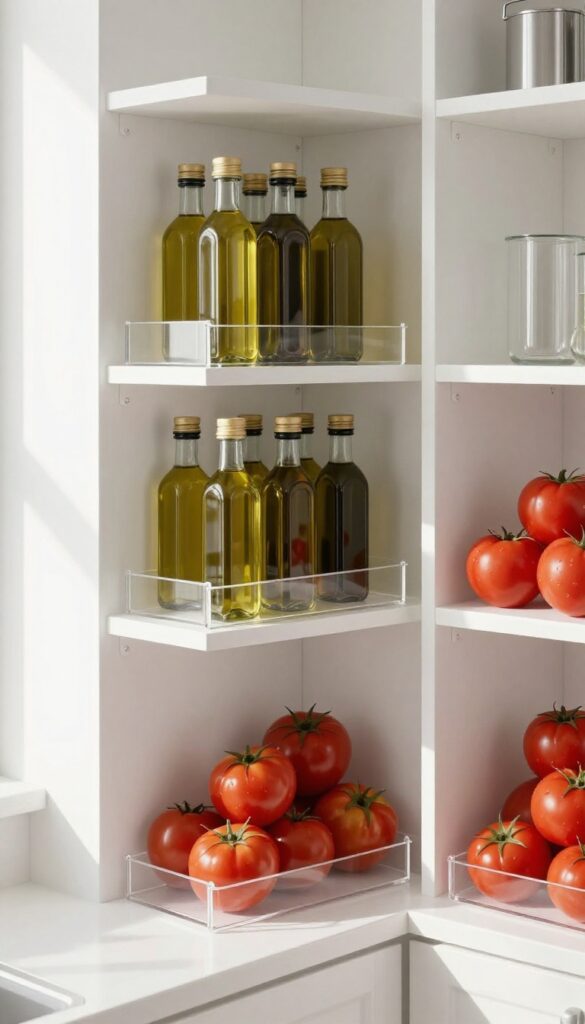 White pantry with deep corner shelves featuring clear acrylic lazy Susans holding oil bottles and canned goods, organized and bathed in natural light.