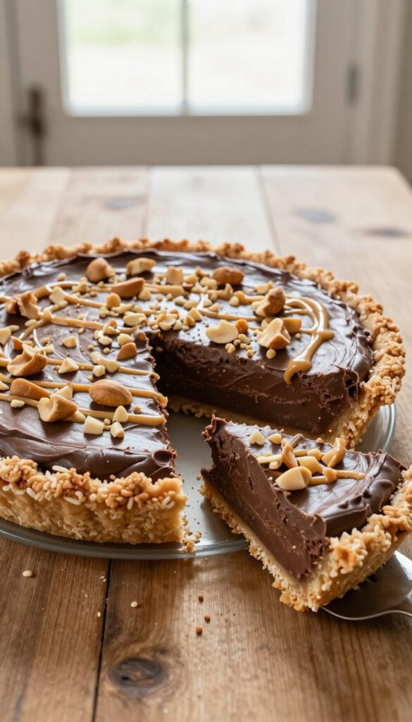 No-bake chocolate peanut butter pie with rice cereal crust, sliced and drizzled with peanut butter, on a wooden table.
