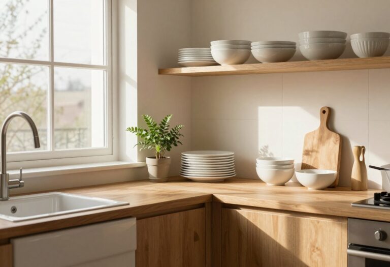 Cozy kitchen with open shelving and neatly organized white dishes, natural light, and warm wood accents.