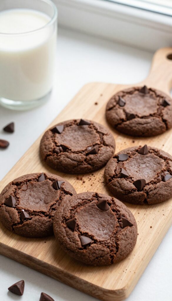 Three double chocolate chip cookies on a wooden board with crumbs and a cup of milk in the background.