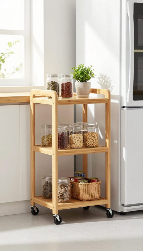 Slim bamboo rolling cart in narrow gap between fridge and counter, holding spices, canned goods, and a small plant.
