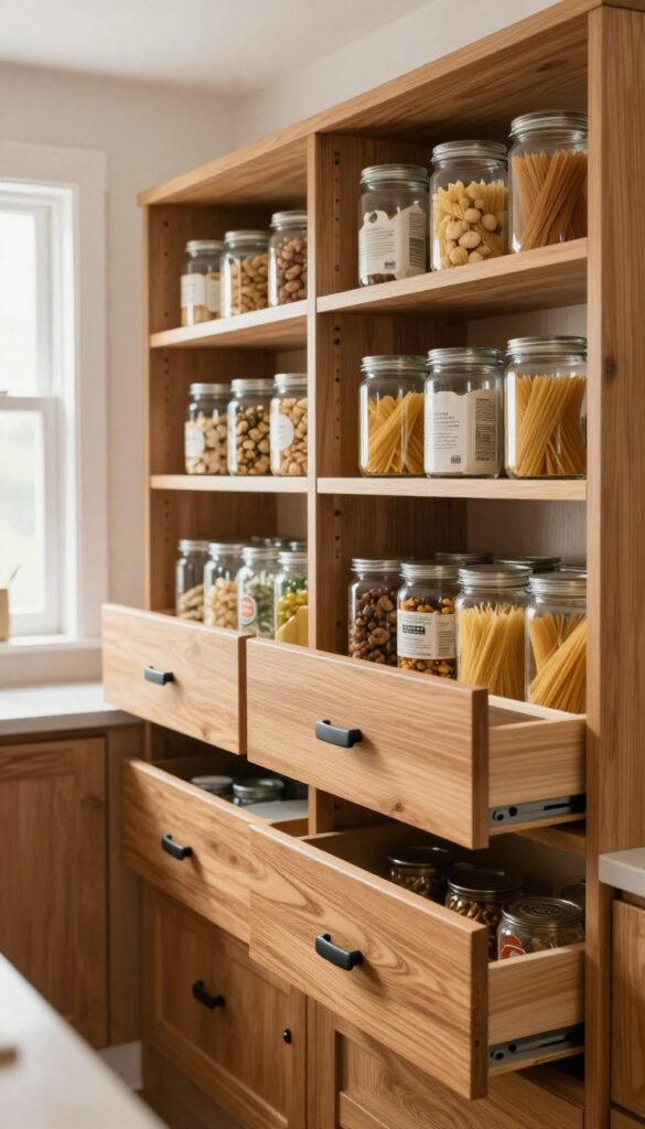 Pull-out drawers in deep pantry cabinets, neatly organized with cans and jars, bright natural light.