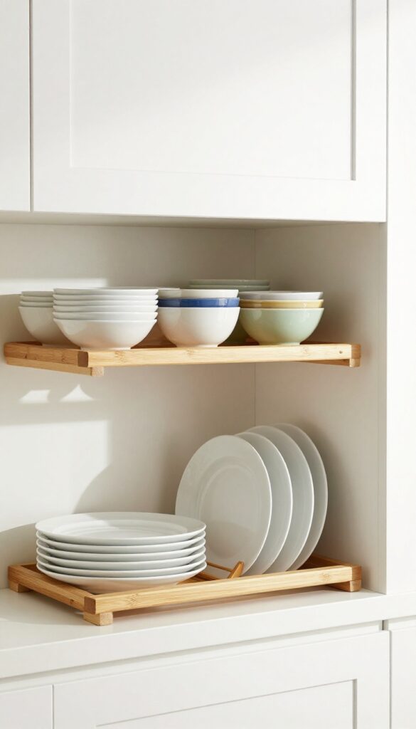 Kitchen cabinet with bamboo shelf riser organizing plates and bowls