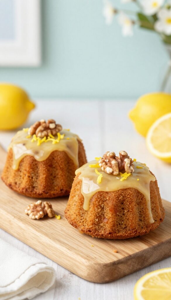 Mini gluten-free carrot cake bundt cakes with lemon glaze and nuts on wooden board