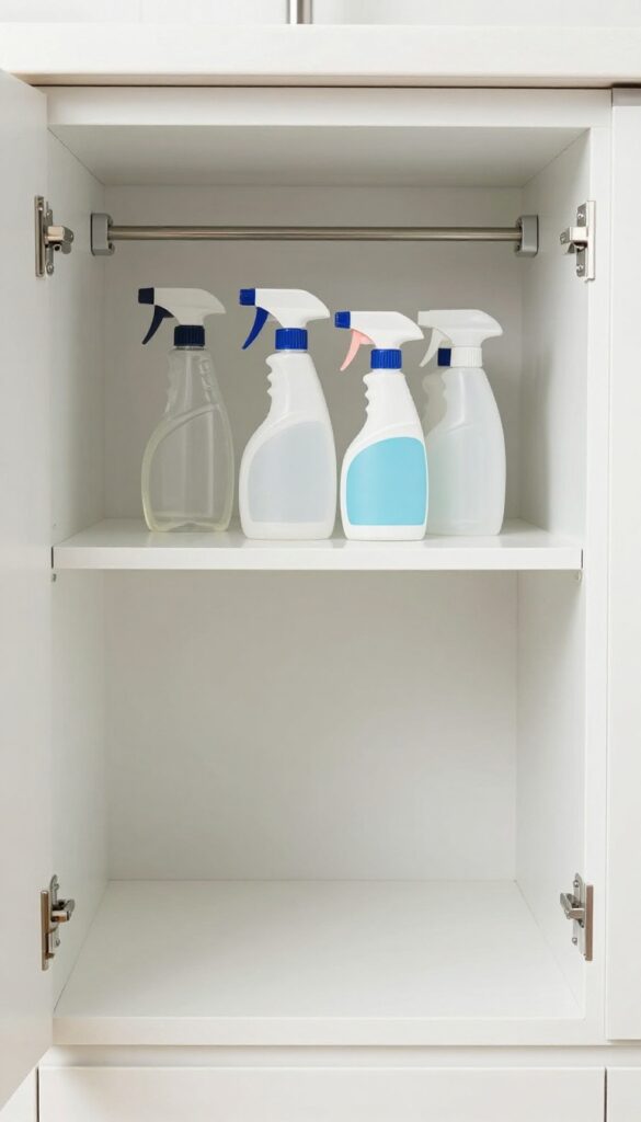 Under-sink cabinet with tension rod holding spray bottles by triggers