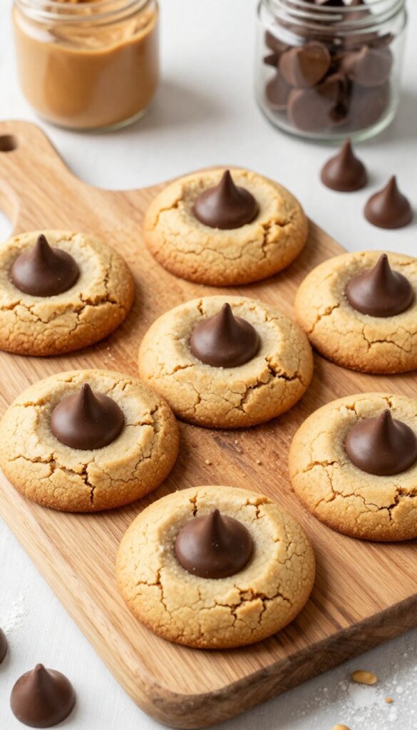 Gluten free peanut butter blossoms with chocolate kisses on a wooden board