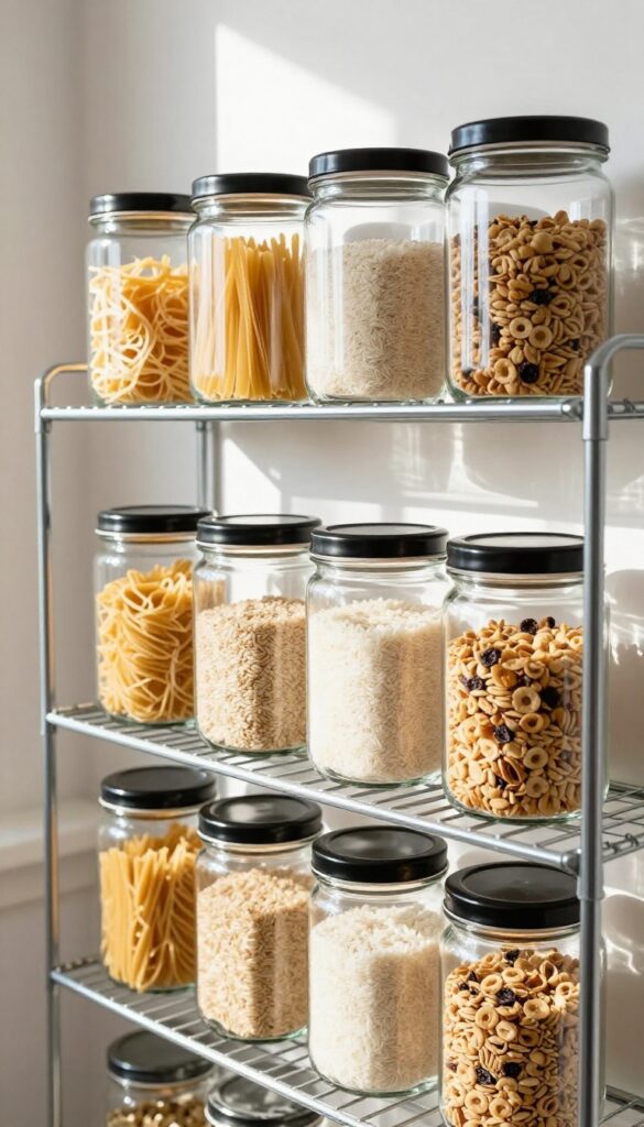 Clear glass canisters on a wire shelf in a bright pantry, filled with pasta, rice, and cereal, creating a clean and orderly display.