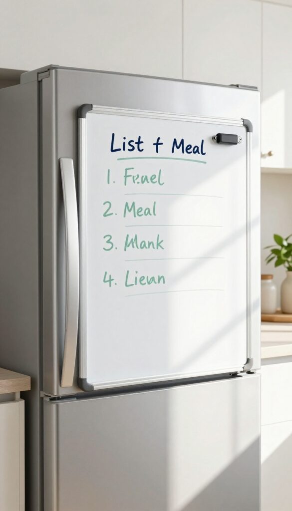 Minimalist kitchen fridge door with magnetic whiteboard for notes and lists, bright natural light, clean composition