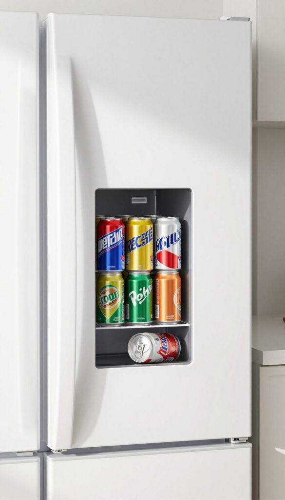Stackable soda can dispenser on fridge door with cans neatly organized