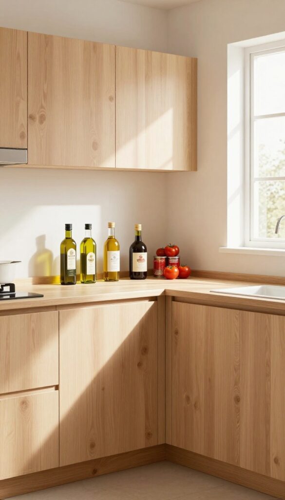 Open corner cabinet with a wooden lazy Susan holding neatly arranged bottles and cans.