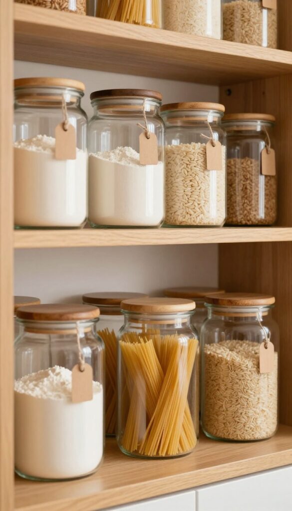 Glass jars with wooden lids on a pantry shelf, filled with dry staples, warm natural light, cozy kitchen setting.