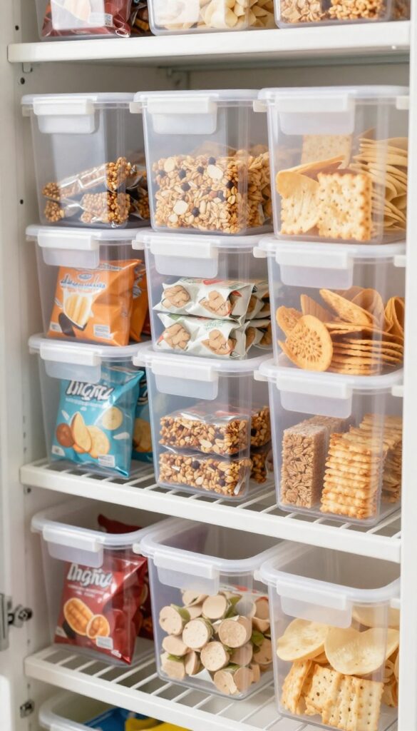 Clear bins with handles storing colorful snack bags on a pantry shelf