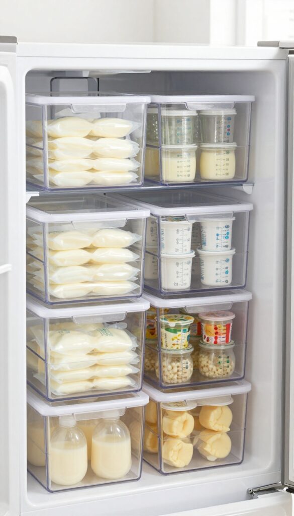 A bento-style fridge organizer with clear bins holding breast milk bags, puree jars, and snacks, neatly arranged in a bright, clean refrigerator.