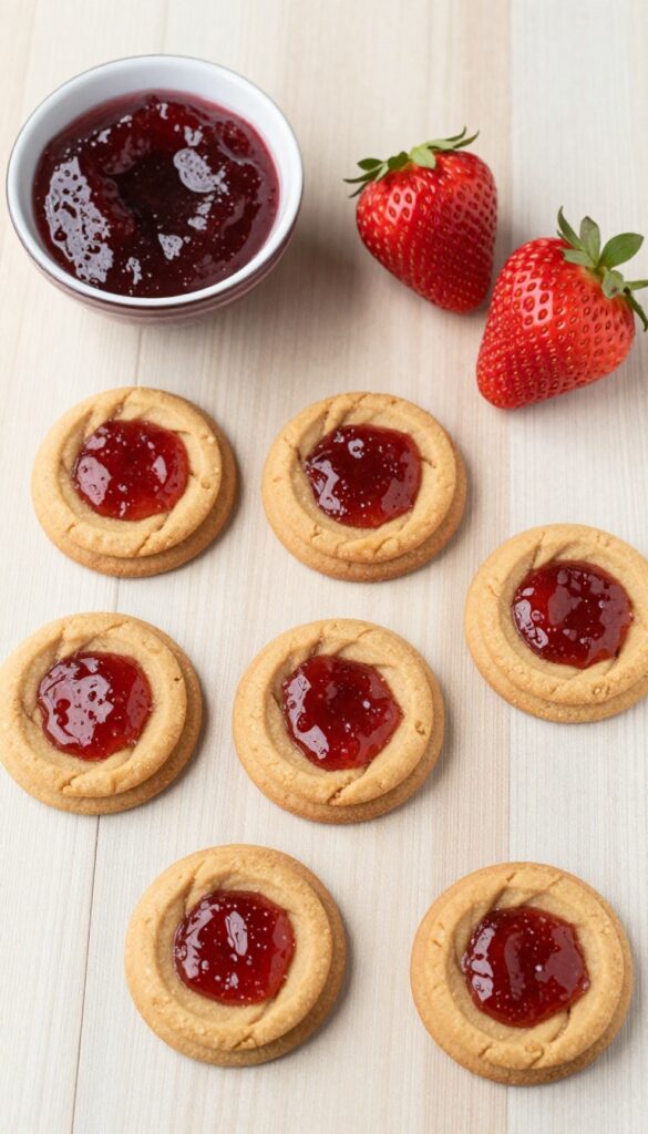Keto no-bake peanut butter and jelly cookies with jam swirls on a wooden table