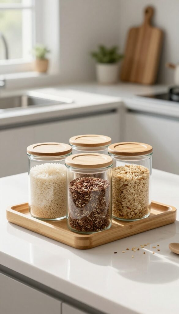 Stackable clear glass canisters filled with rice on a bamboo tray on a kitchen counter.