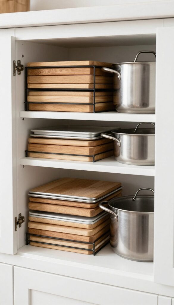 Organized kitchen cabinet with baking sheets and cutting boards standing upright using vertical dividers.