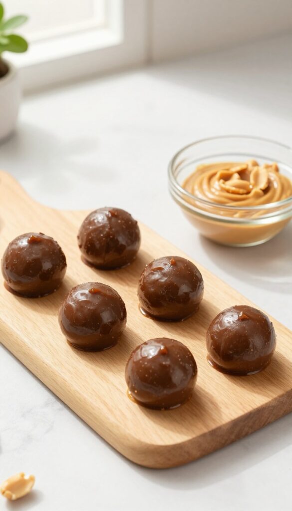 Six glossy peanut butter fat bombs on a wooden board with peanuts and melted peanut butter nearby.