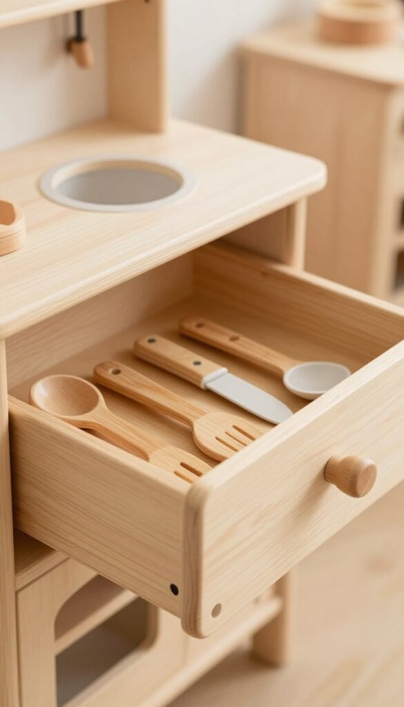 A bamboo cutlery tray in a play kitchen drawer, neatly organizing small toy utensils.