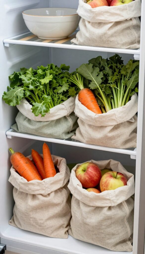 Open refrigerator crisper drawer with textured cotton and linen produce bags containing fresh carrots, apples, and leafy greens, illuminated by natural light.