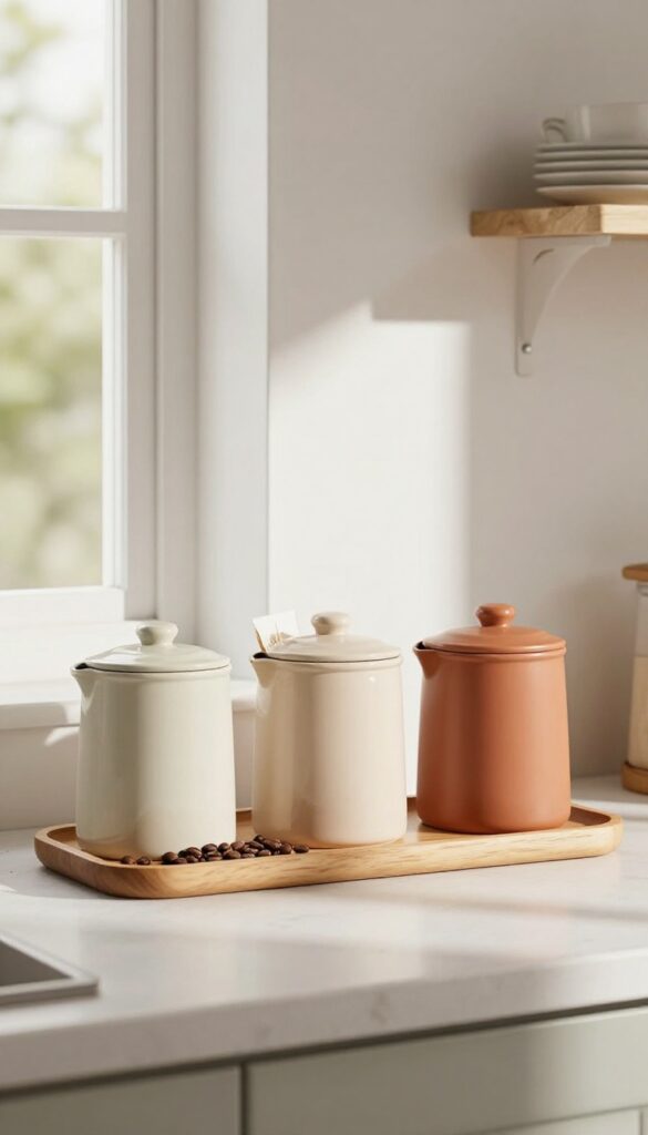 Three ceramic canisters in earthy tones on a wooden tray on a kitchen counter, filled with coffee and tea, with natural light and a clean background.