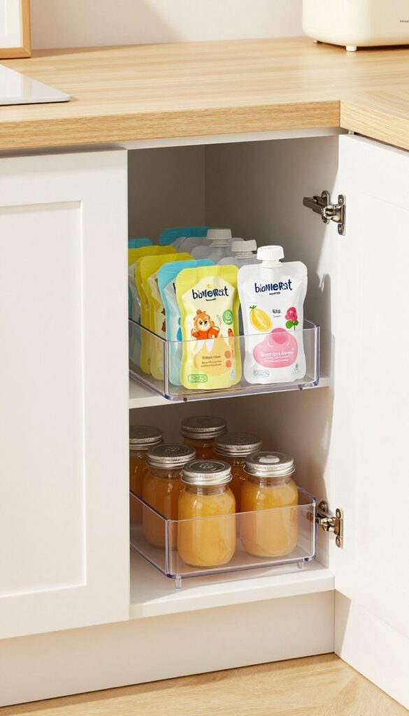 Open kitchen cabinet with two-tier lazy Susan holding baby food jars and pouches, organized and visible.
