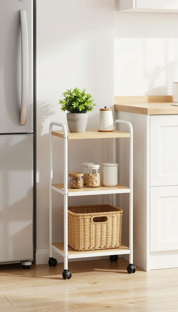 A slim rolling cart with wooden shelves placed between a refrigerator and a wall, holding a plant and a salt cellar, in a bright kitchen.