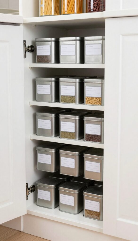 Narrow pantry with magnetic strip on door holding labeled spice tins