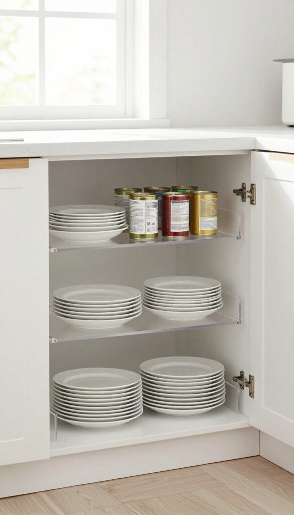 Stackable shelf risers inside a kitchen cabinet organizing plates and canned goods.