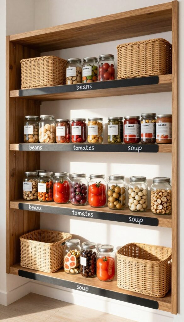Pantry shelves with chalk tape labels on the edges, organizing canned goods in a bright, rustic setting.