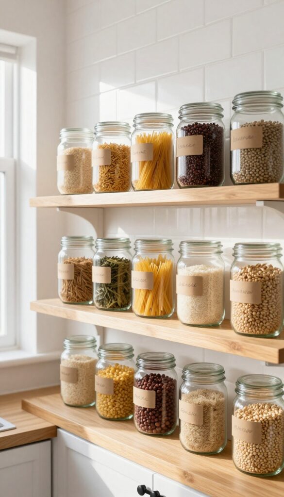 Clear glass jars filled with dry goods on open kitchen shelves, organized neatly with labels, in bright natural light.