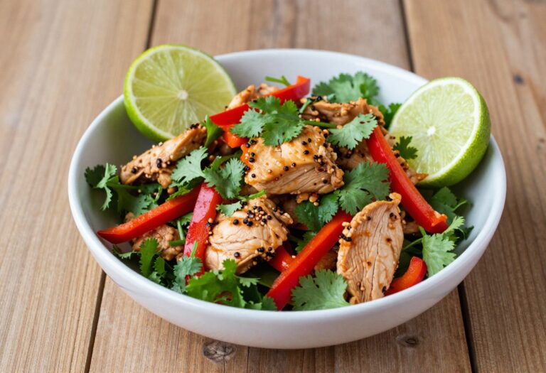 Bowl of spicy chicken salad with fresh herbs and lime wedges on a wooden table
