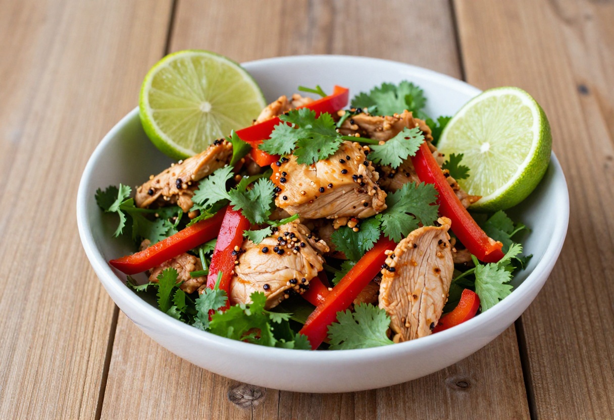 Bowl of spicy chicken salad with fresh herbs and lime wedges on a wooden table